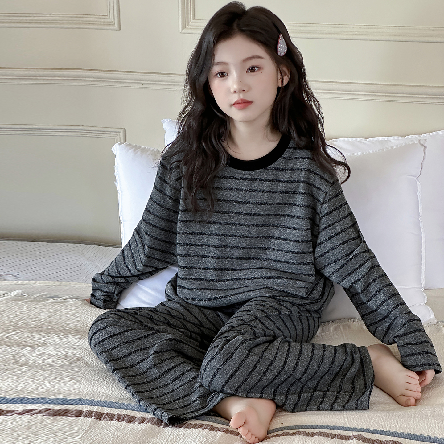 女童睡衣春秋2025新款儿童纯棉家居服初中生女孩全棉简约长袖套装
