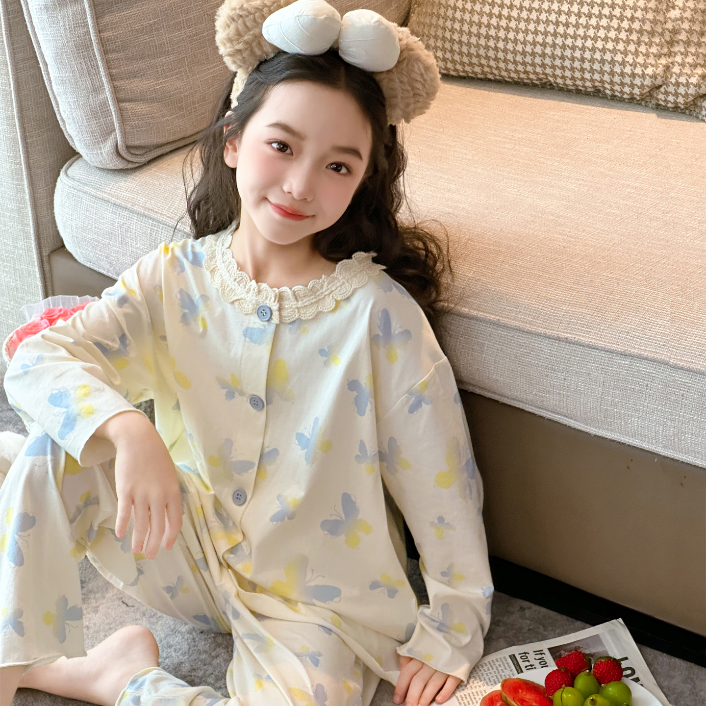 女童睡衣春秋2025新款儿童长袖开衫套装初中生女孩秋季纯棉家居服