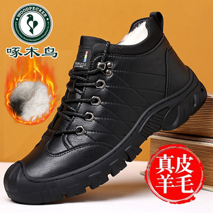 啄木鸟男鞋冬季加绒加厚保暖棉鞋男真皮休闲高帮鞋户外防滑雪地靴