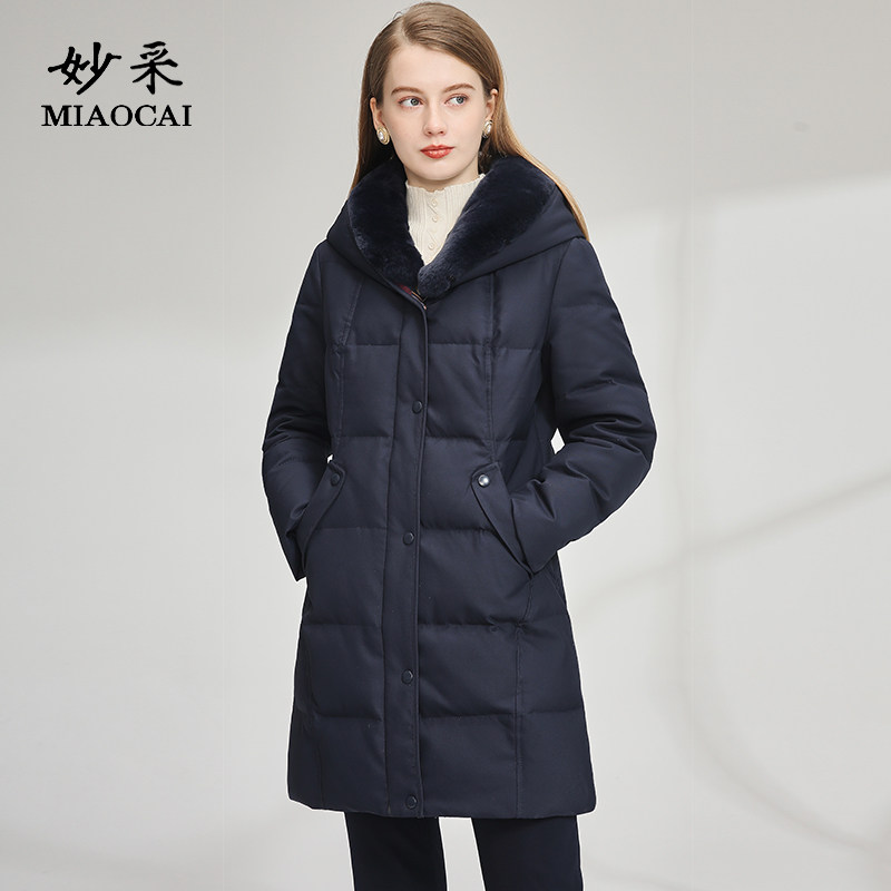 妙采旗舰店羽绒服女冬装妈妈中长款獭兔毛领加厚时尚藏蓝色外套