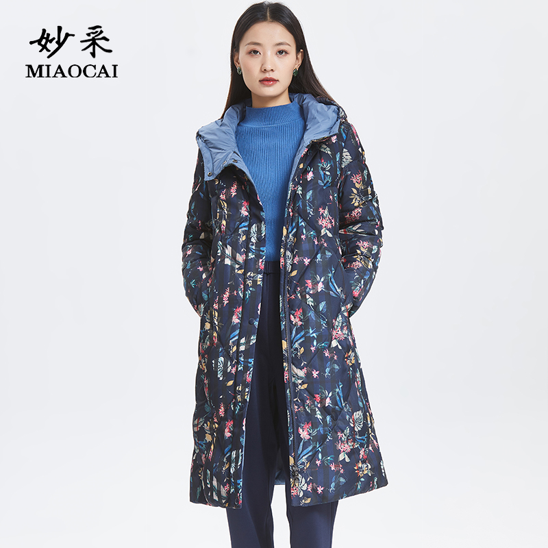 妙采韩系优雅印花白鸭绒羽绒服
