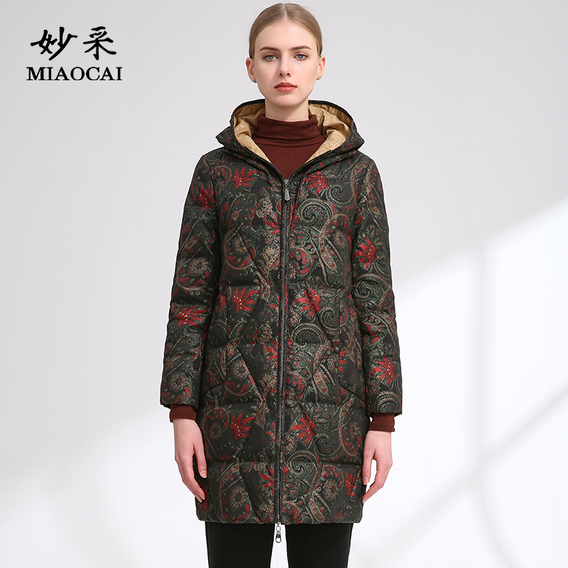 妙采印花连帽白鸭绒羽绒服