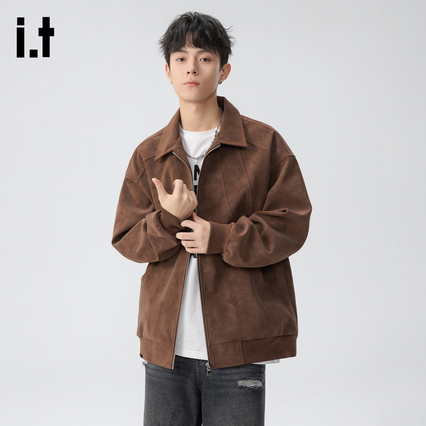 it :5cm/FIVECM春季美式复古PU皮翻领夹克男士高级感百搭休闲外套