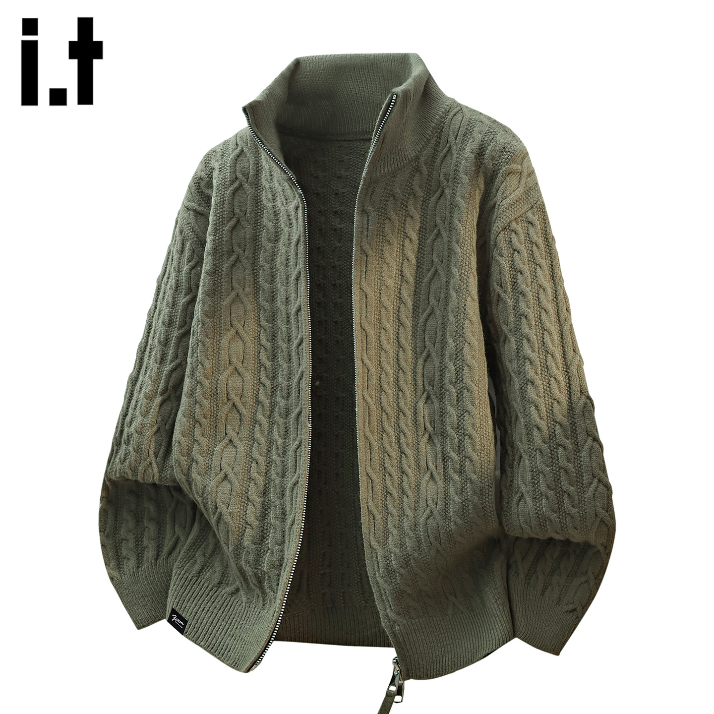 ITIS5cm绿色拉链开衫毛衣