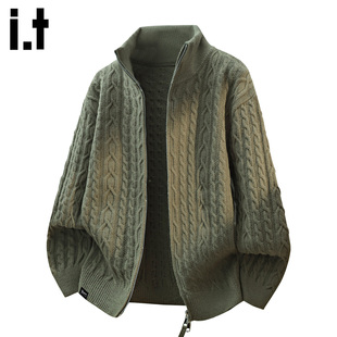 it :5cm/FIVECM绿色拉链开衫麻花毛衣男士2025秋冬季宽松外套上衣