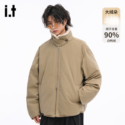 it复古卡其羊羔毛领羽绒服
