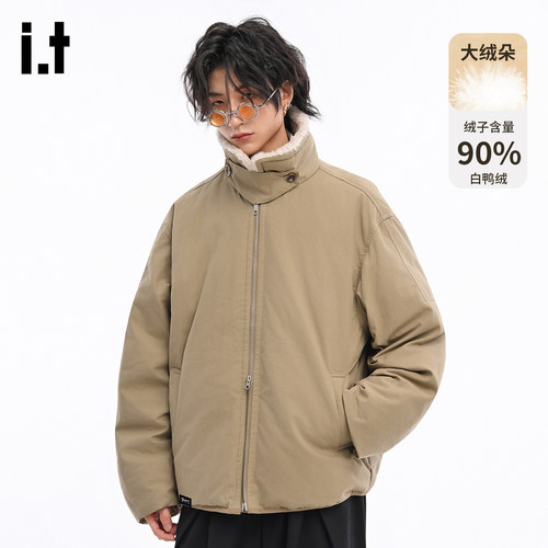 it复古卡其羊羔毛领羽绒服