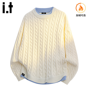 it :5cm/FIVECM时尚假两件毛衣男款2025秋冬季慵懒风加绒保暖上衣