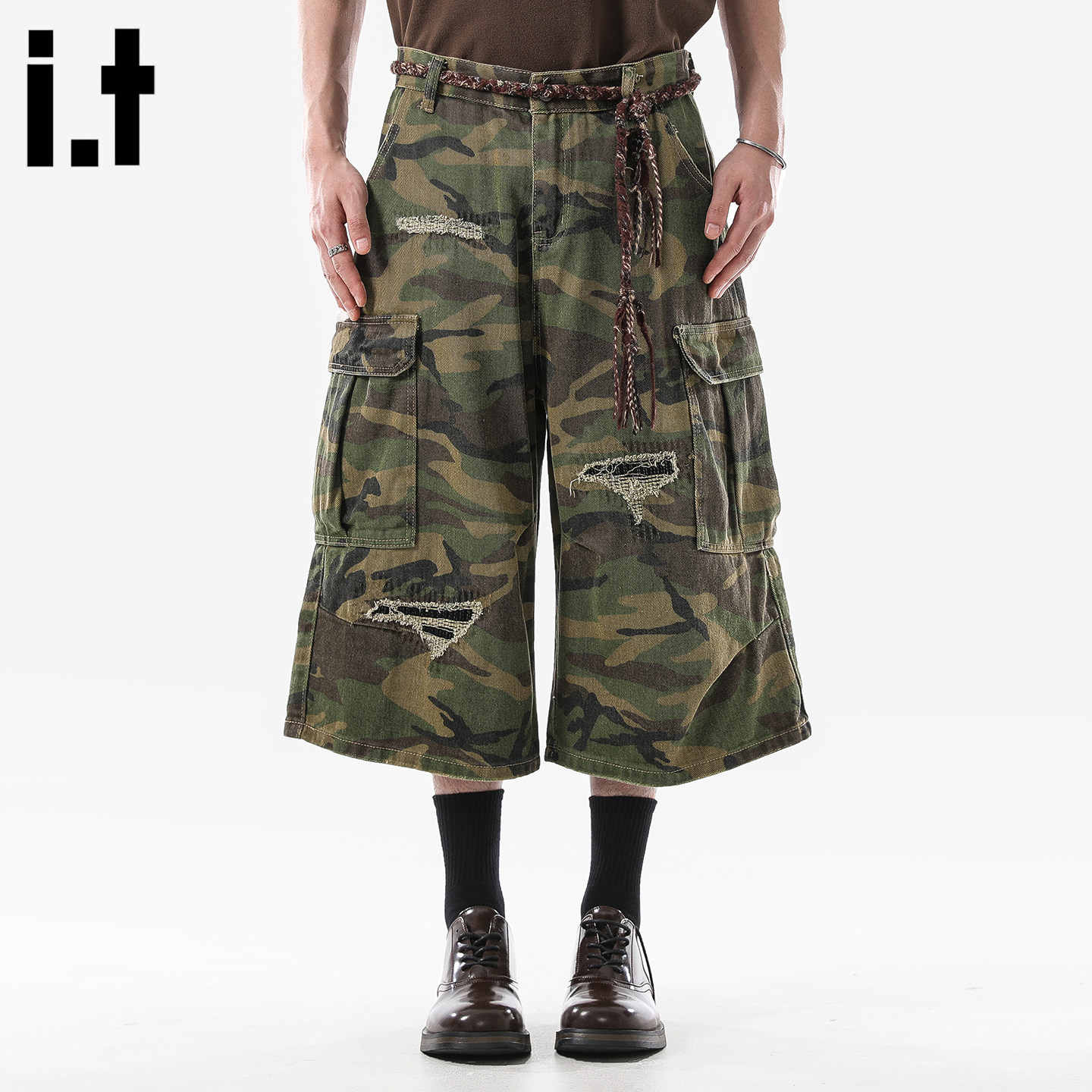 it :5cm/FIVECM美式迷彩七分工装阔腿牛仔裤男女款2025夏宽松长裤