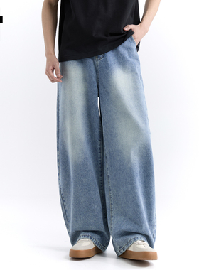 it :5cm/FIVECM美式简约水洗蓝色阔腿牛仔裤男女2025夏季宽松长裤