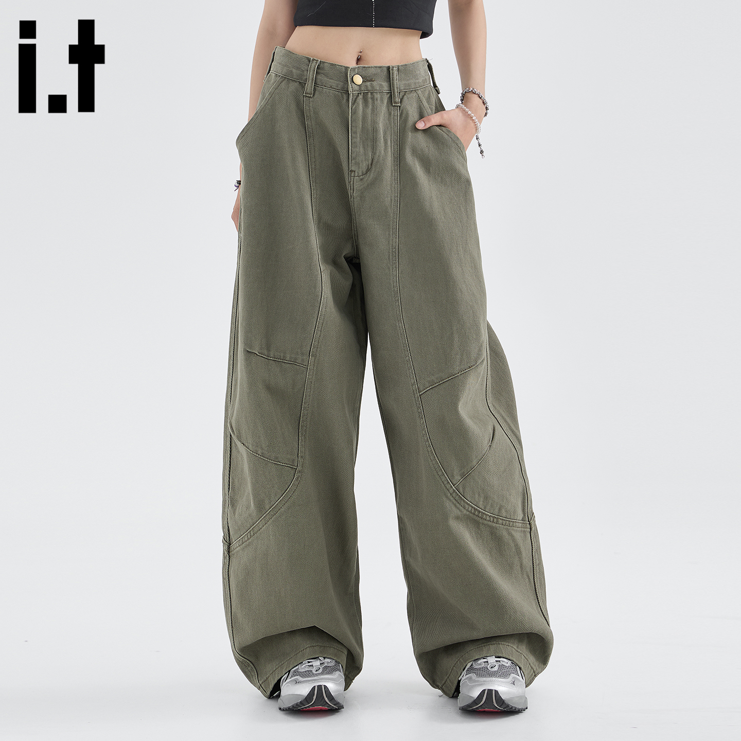 IT5cm军绿色弯刀裤宽松阔腿裤