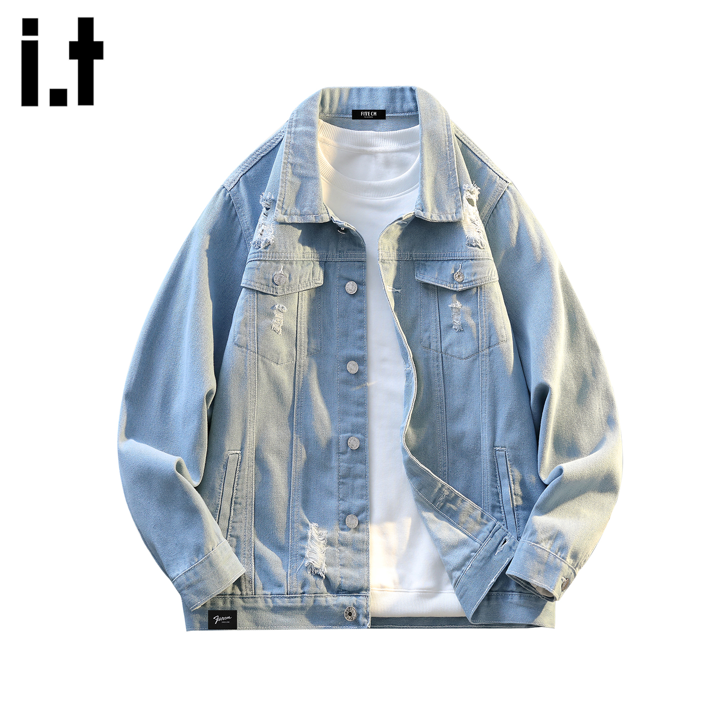 美式翻领破洞做旧牛仔外套男士