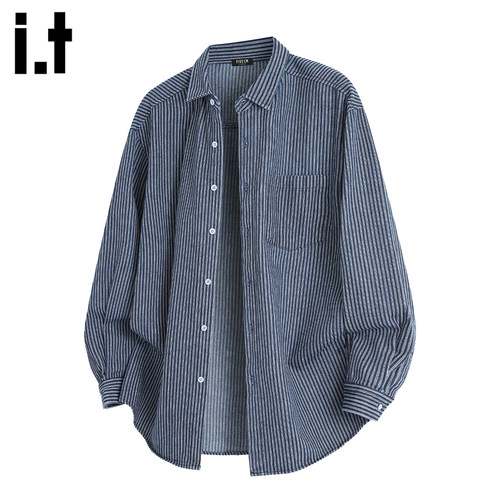 条纹设计感拼接长袖衬衫外套