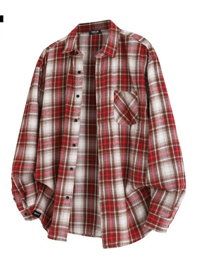 it :5cm/FIVECM红色格子长袖休闲衬衫男士2025春秋季宽松衬衣上衣