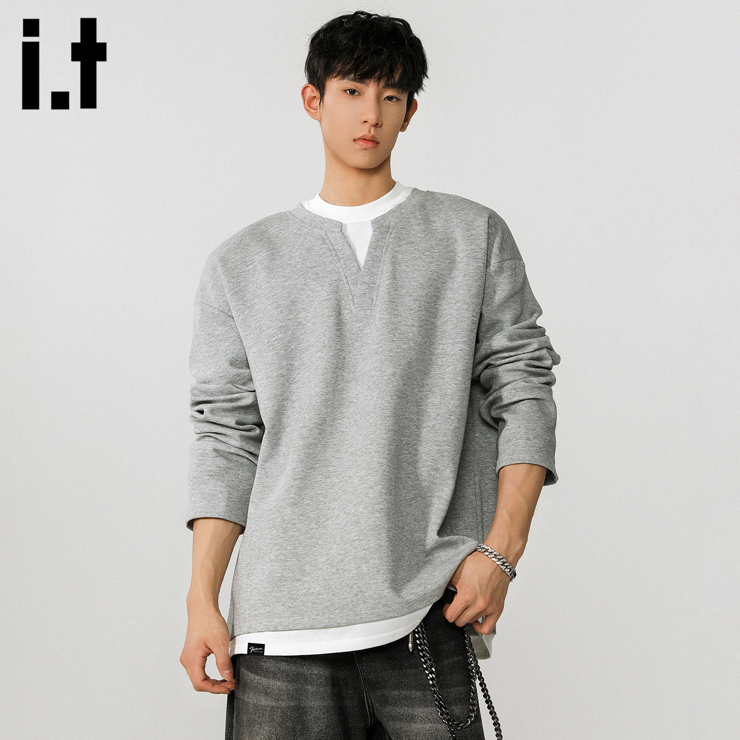 it FIVECM男士打底衫春季外穿假两件上衣男内搭V领长袖t恤男