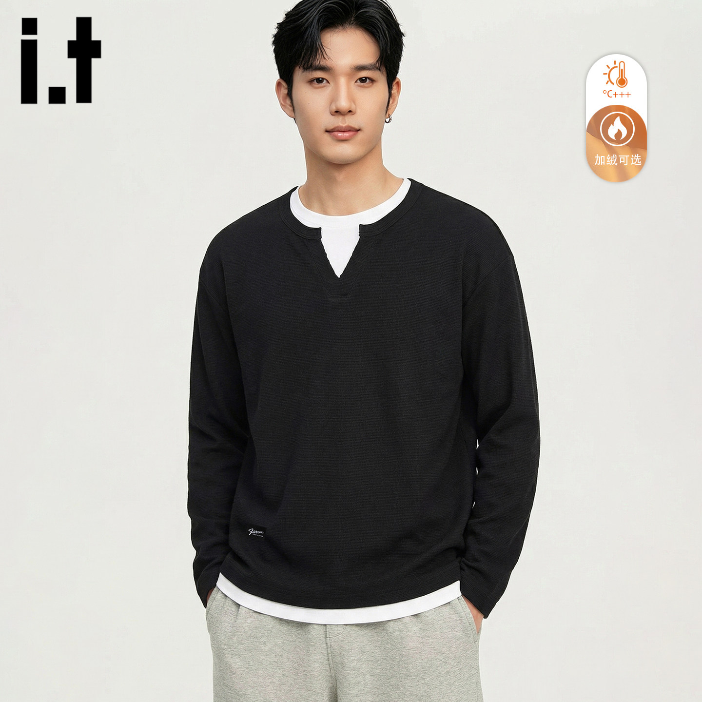 it :5cm/FIVECM时尚假两件圆领卫衣男2026新款加绒保暖复古打底衫