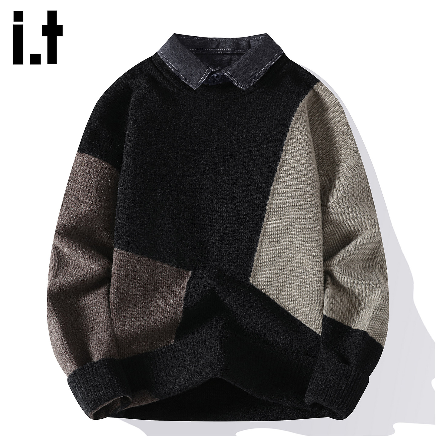 it :5cm/FIVECM拼接撞色假两件翻领针织毛衣男款2026春季宽松上衣