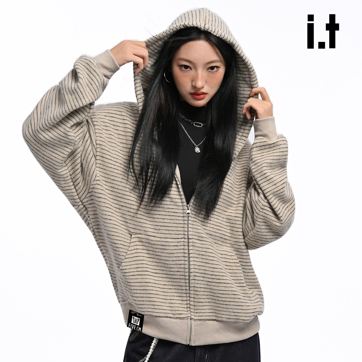 时尚条纹休闲连帽开衫卫衣外套