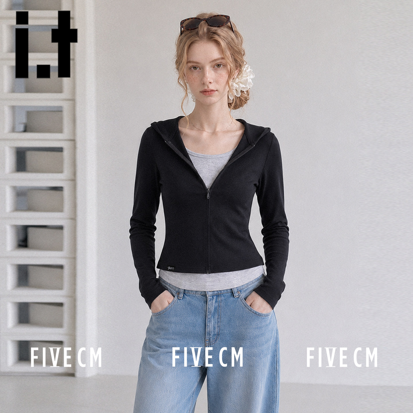 itFIVECM假两件连帽长袖秋季女