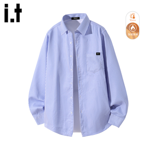 it :5cm/FIVECM蓝色条纹长袖加绒衬衫男士2025秋冬季宽松衬衣外套