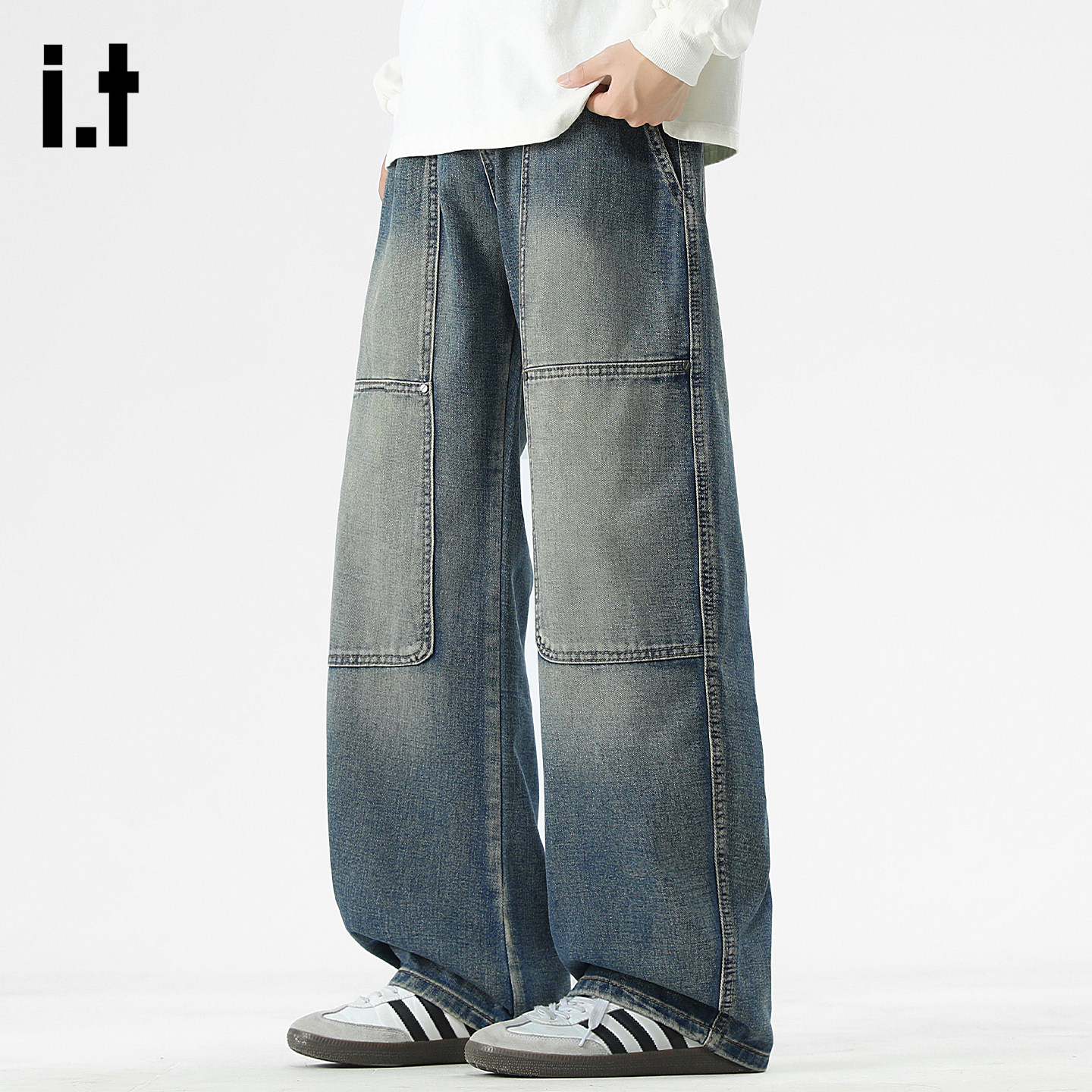 it :5cm/FIVECM美式弯刀男春季长裤子潮牌水洗做旧复古阔腿牛仔裤