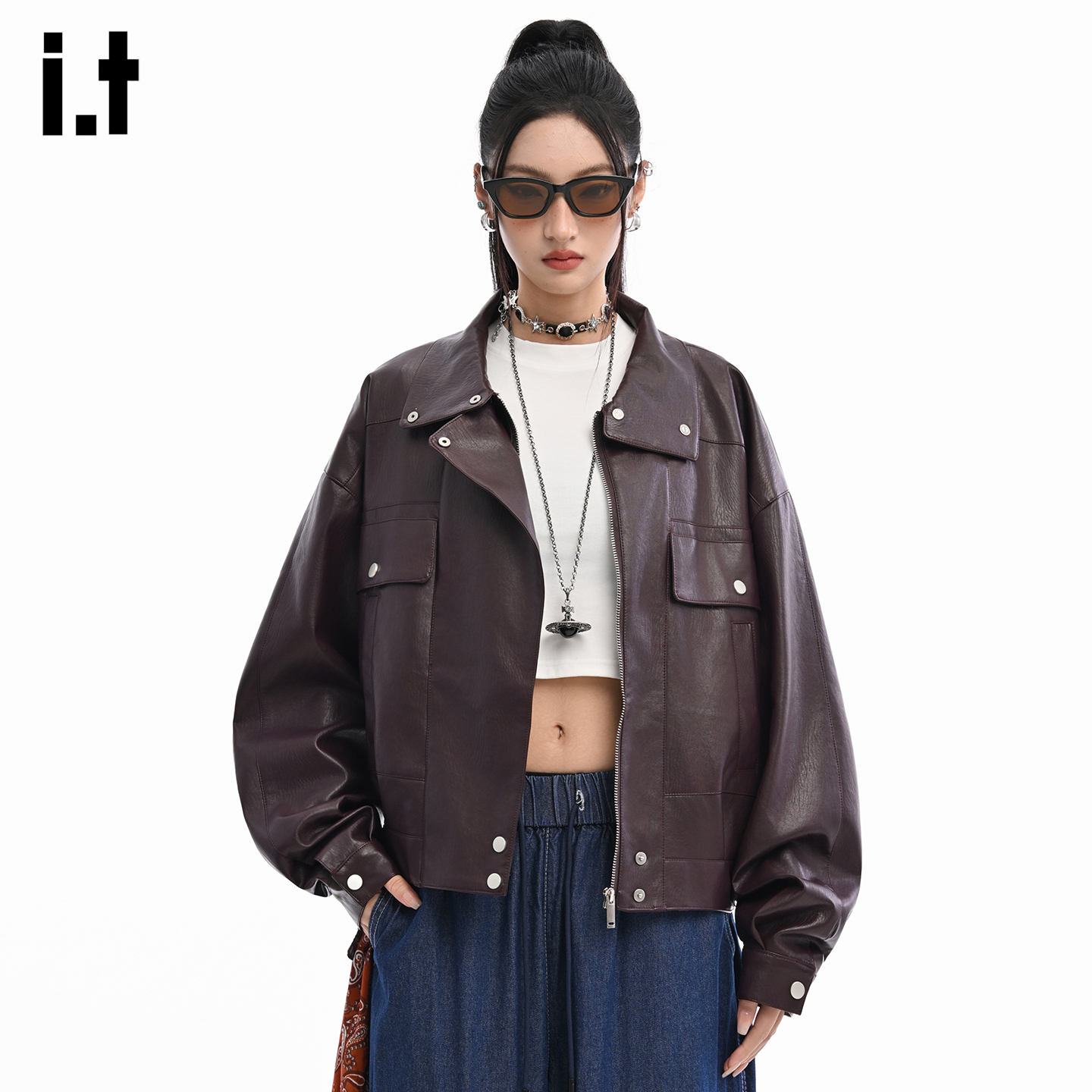 it翻领pu皮衣外套男女