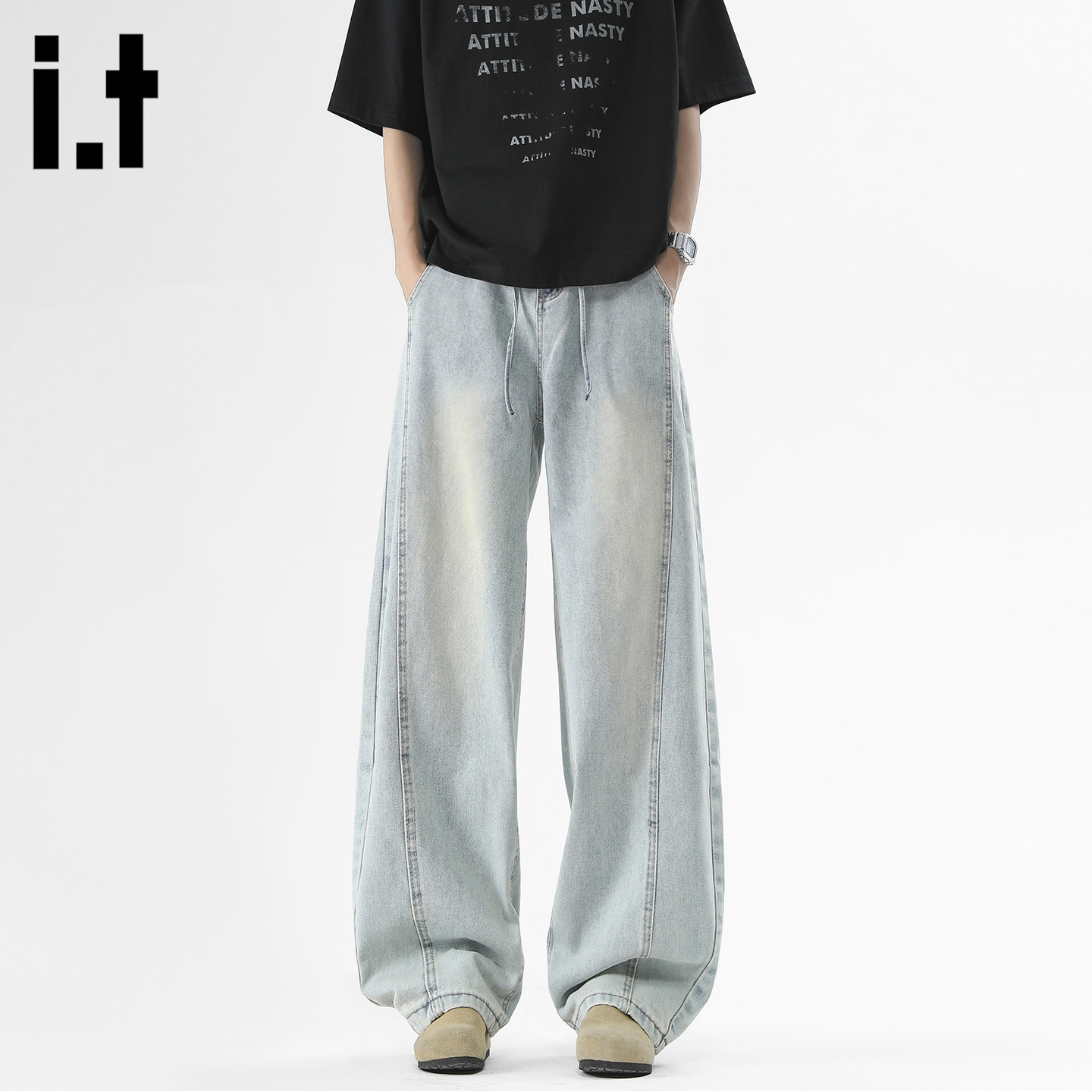 it :5cm/FIVECM春季美式复古水洗牛仔裤男宽松直筒阔腿做旧休闲裤