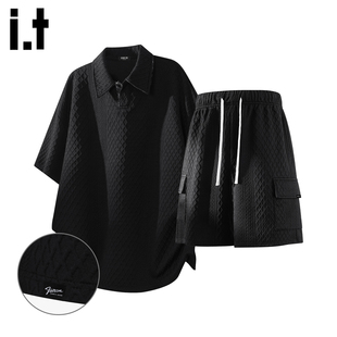 it :5cm/FIVECM潮牌美式套装男短袖POLO衫短裤夏季薄款宽松两件套