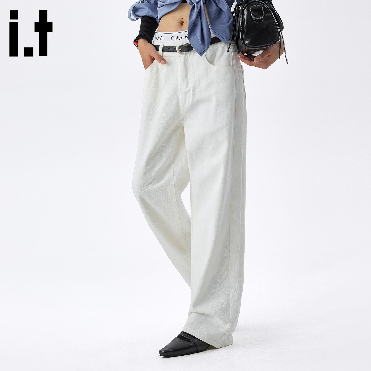 it :5cm/FIVECM高级感白色宽松阔腿牛仔裤女2025秋季垂感直筒长裤