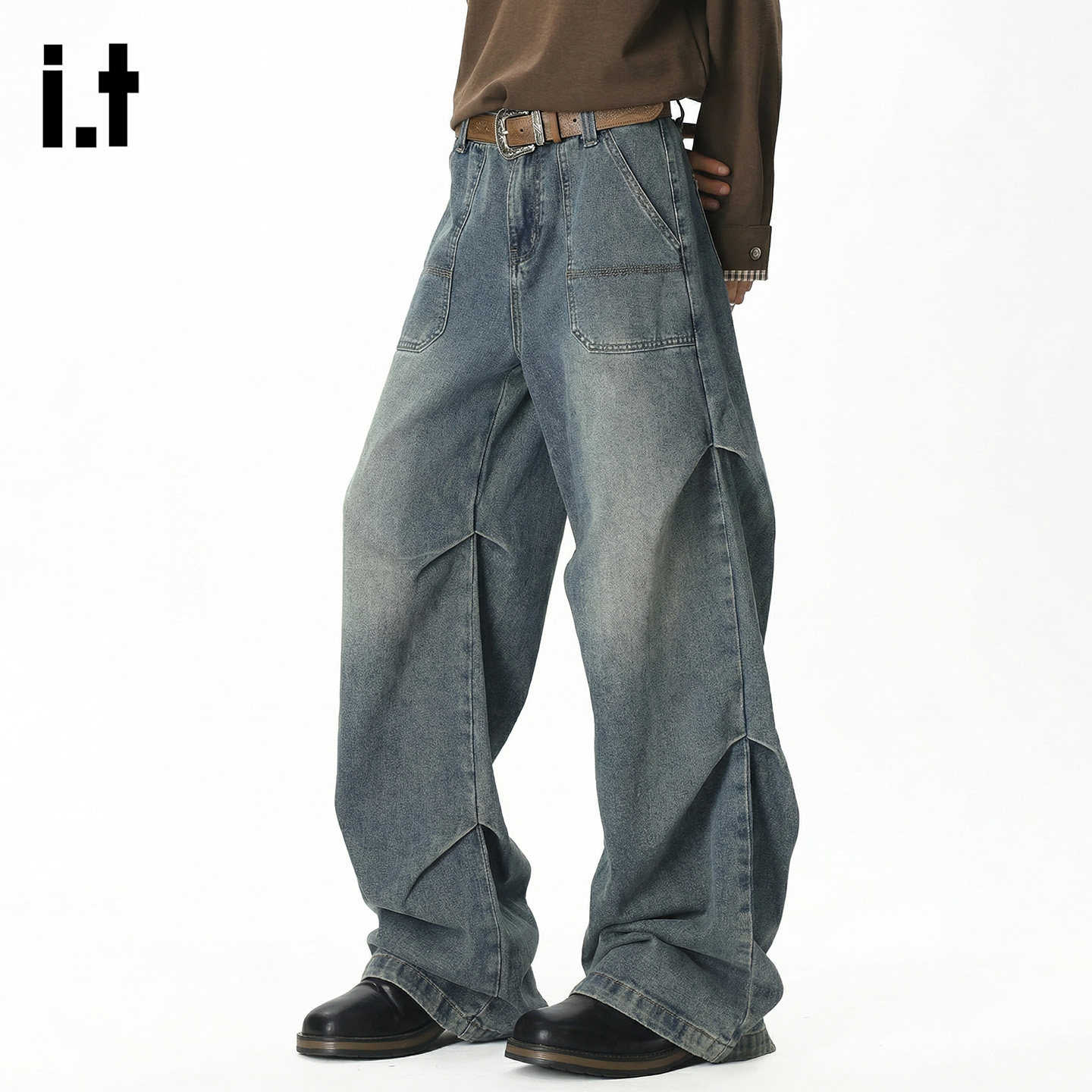 it :5cm/FIVECM侧边皱褶工装牛仔裤做旧美式复古潮牌欧美直筒休闲,男装,牛仔裤,淘宝优惠券,粉丝福利购,淘宝优惠卷