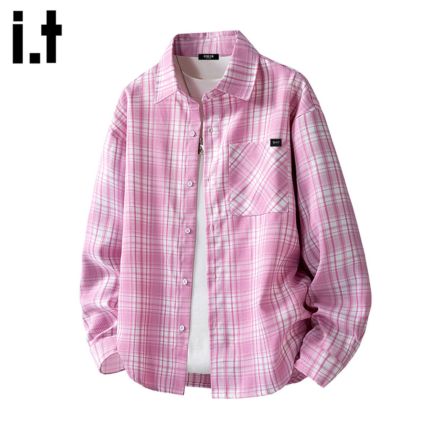 it :5cm/FIVECM美式粉色格子长袖衬衫男款春秋季潮牌宽松翻领衬衣,男装,衬衫,淘宝优惠券,粉丝福利购,淘宝优惠卷