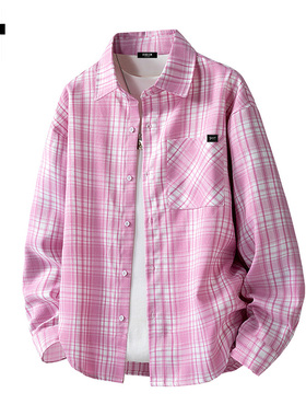 it :5cm/FIVECM美式粉色格子长袖衬衫男款春秋季潮牌宽松翻领衬衣
