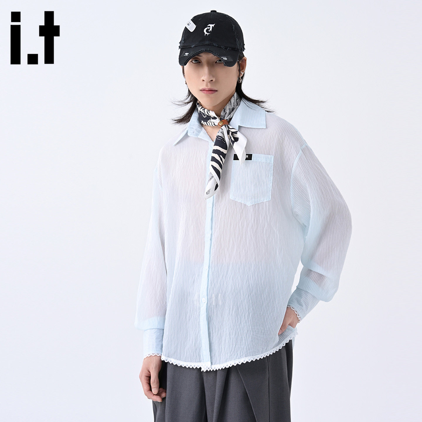 it :5cm/FIVECM蓝色肌理感微透薄款长袖衬衫男款2025早秋花边上衣