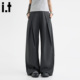 男女2025春秋宽松阔腿长裤 交叉褶皱西装 裤 5cm FIVECM灰色西裤