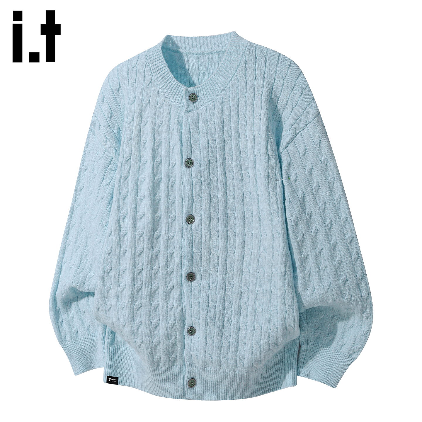 it蓝色单排扣针织开衫毛衣