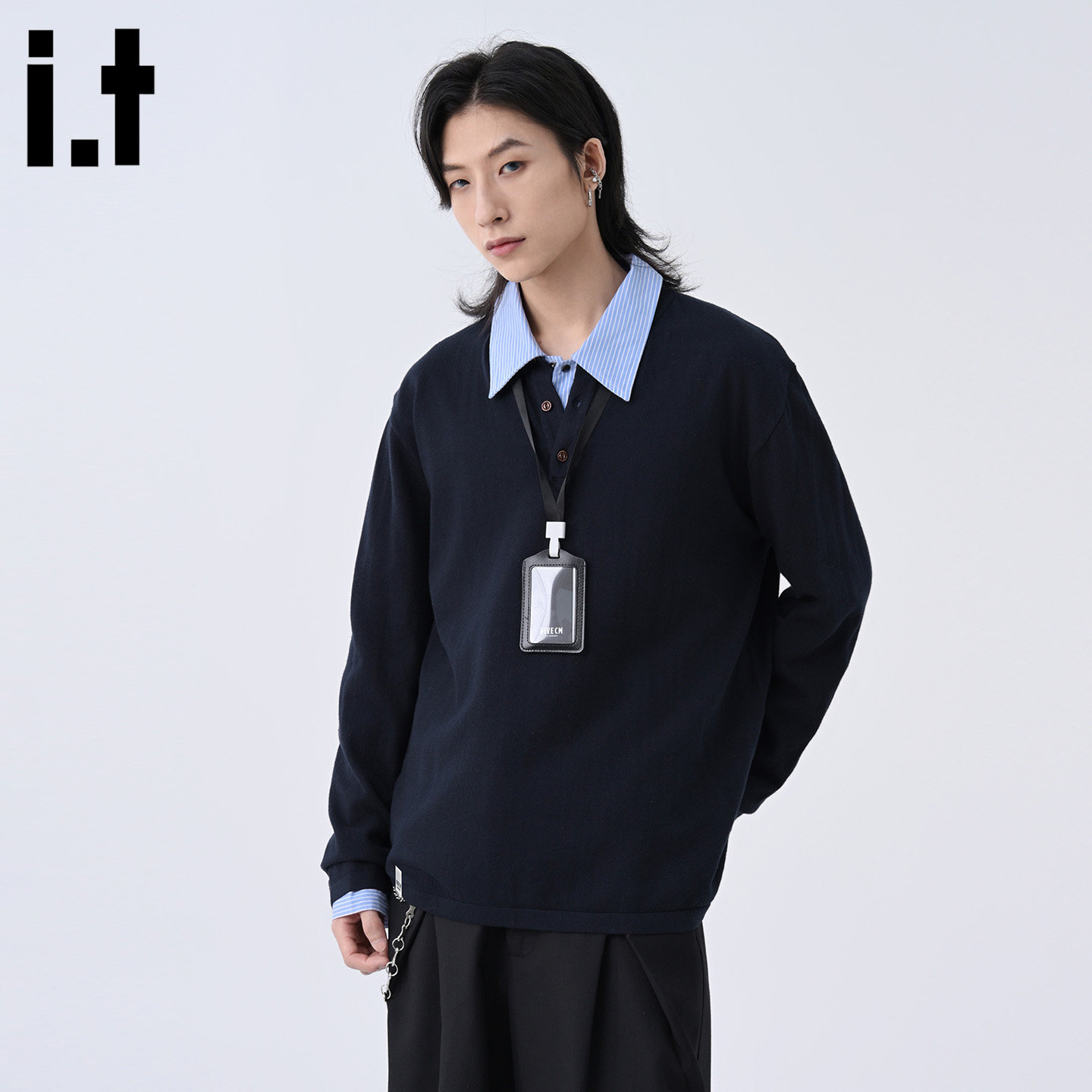 it :5cm/FIVECM亨利领蓝色长袖针织t恤男款2025新款秋季宽松上衣