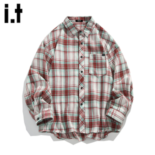 it :5cm/FIVECM韩版潮流复古格子长袖衬衫男港风大码宽松翻领衬衣