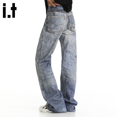 无弹青年时尚it做旧长裤宽松拉链