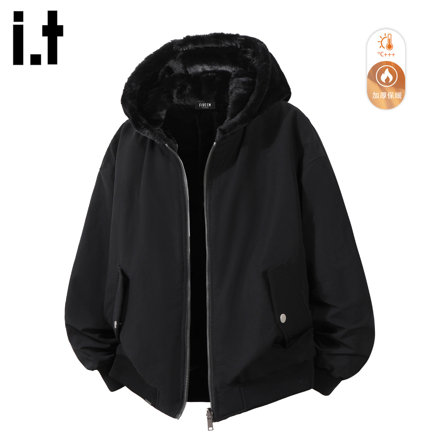 it :5cm/FIVECM高级感黑色连帽外套男士2025冬季防寒加绒夹克宽松