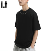 it：5cm 潮流黑色宽松套头短袖 FIVECM夏季 金属扣圆领T恤男女同款