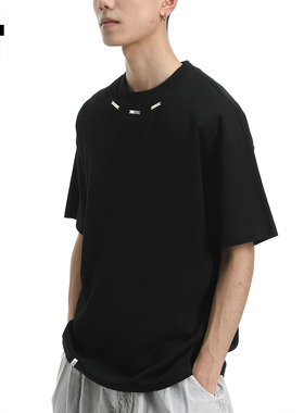 it：5cm/FIVECM夏季金属扣圆领T恤男女同款潮流黑色宽松套头短袖