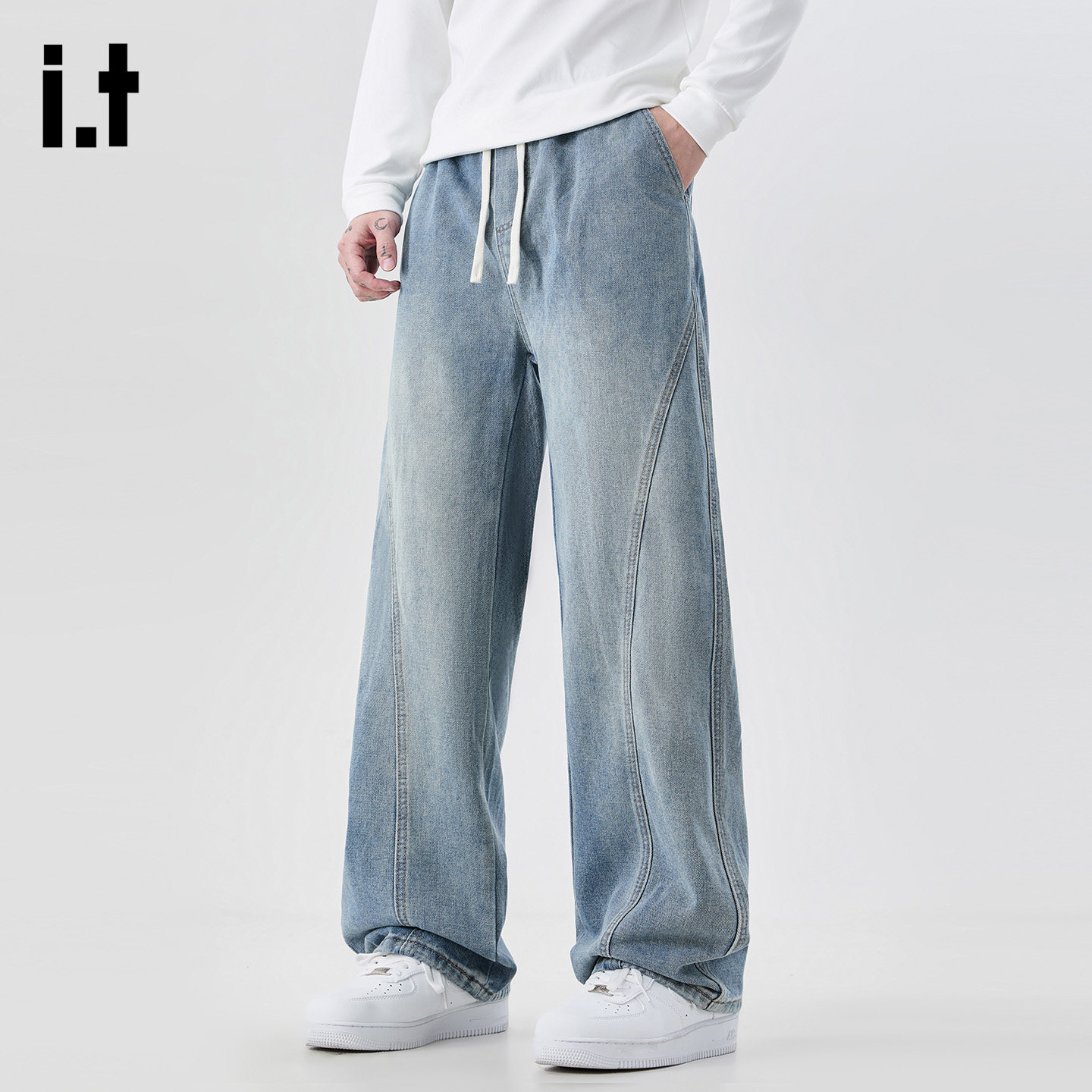 it :5cm/FIVECM美式水洗蓝色阔腿牛仔裤男款2025秋冬宽松直筒长裤