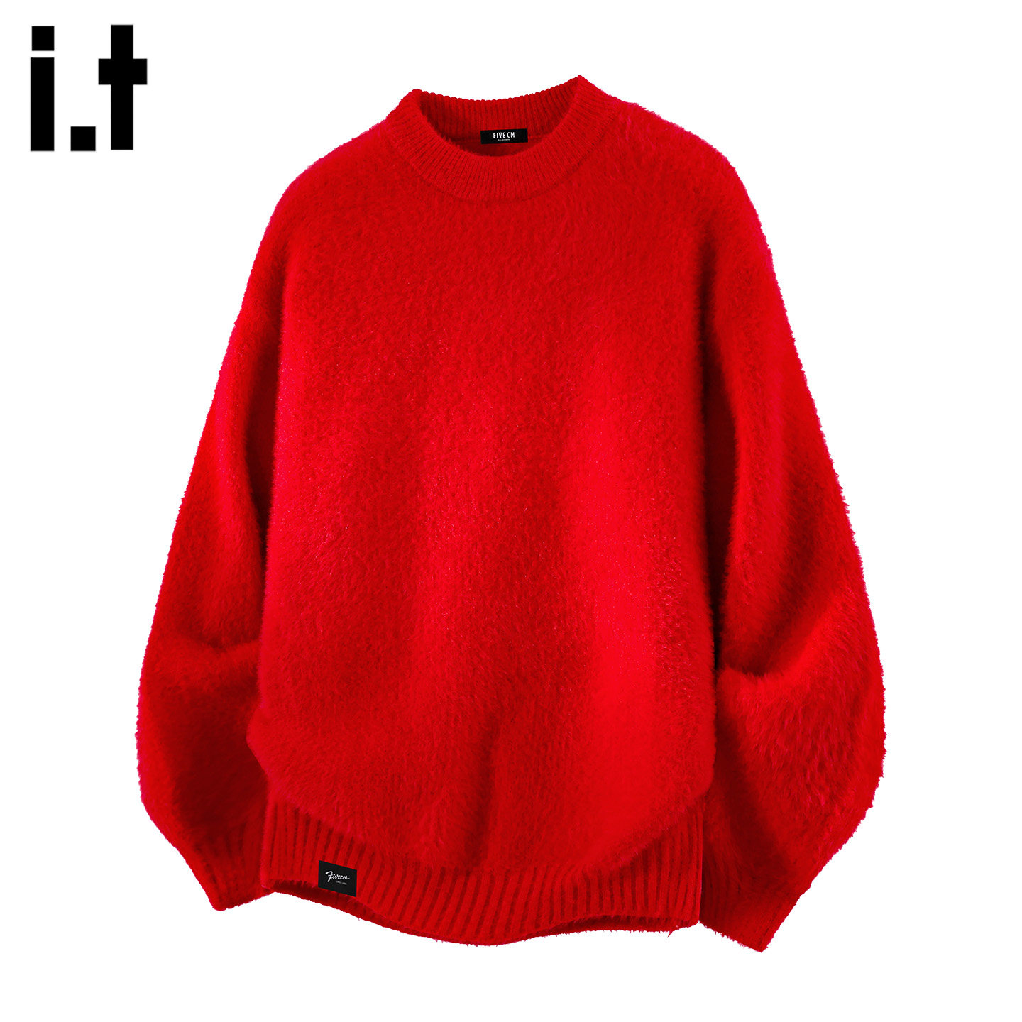 it :5cm/FIVECM红色圆领套头毛衣男士2025秋冬款宽松保暖休闲上衣