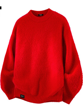 it :5cm/FIVECM红色圆领套头毛衣男士2025秋冬款宽松保暖休闲上衣