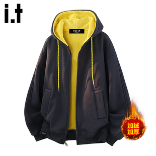 it :5cm/FIVECM撞色连帽加绒加厚卫衣男士2025秋冬季宽松保暖外套