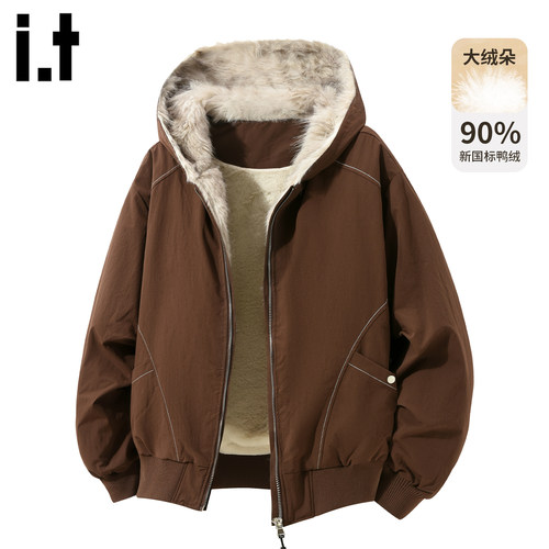 潮牌加绒毛毛连帽羽绒服男款