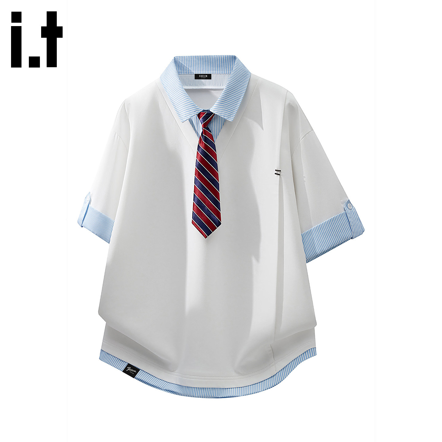 it:5cm/FIVECM假两件POLO衫男夏季薄款高级感领带学院风条纹短袖B