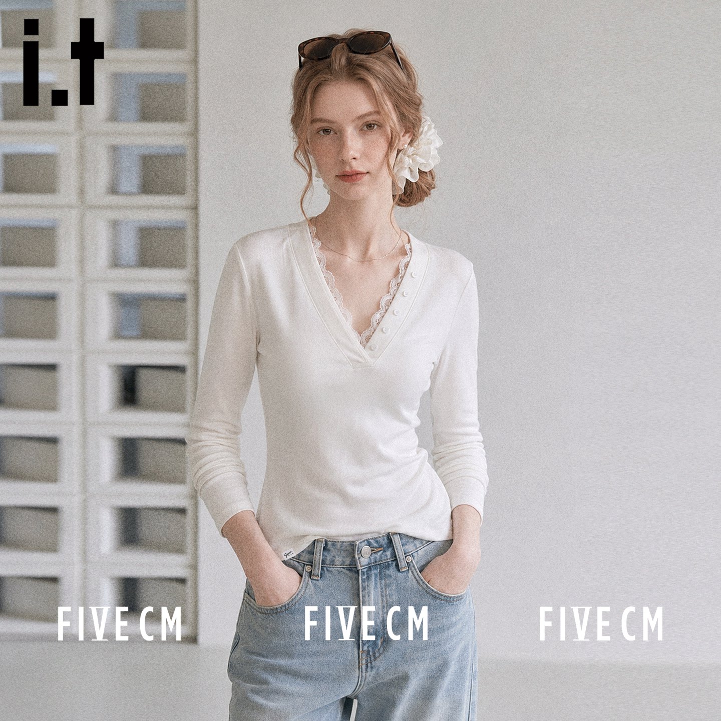 itFIVECM法式蕾丝拼接长袖T恤女