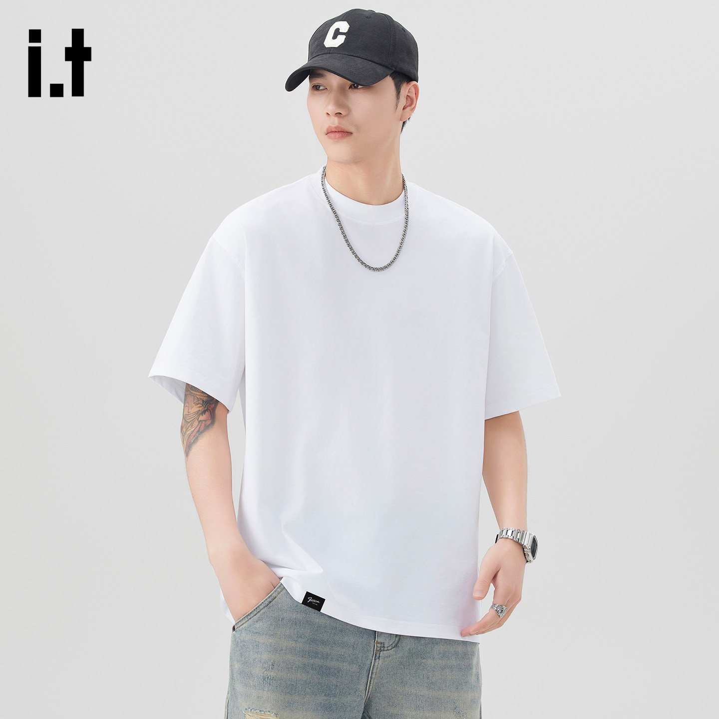 it :5cm/FIVECM重磅短袖t恤男款纯色圆领宽松纯色水洗黑色打底衫