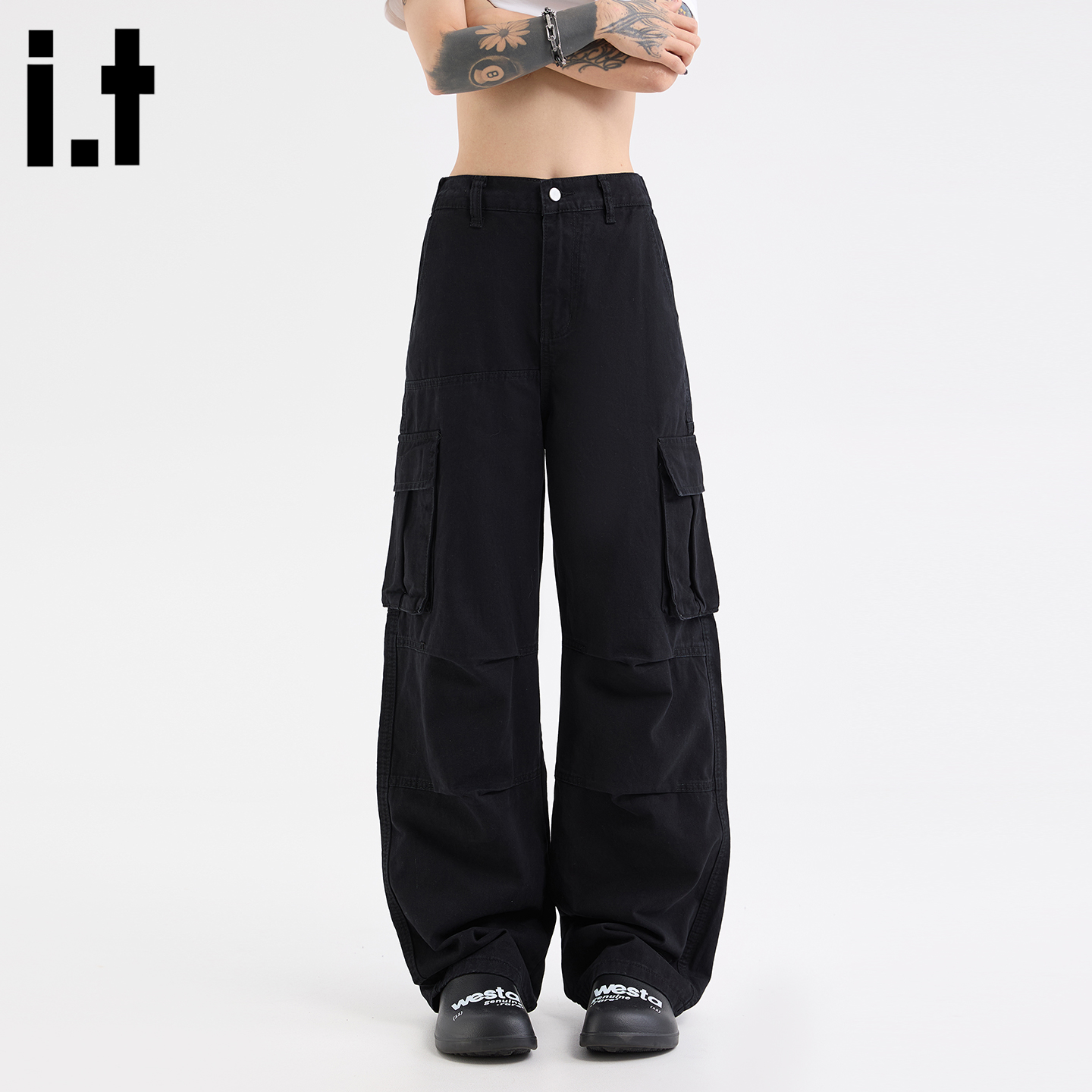 IT'S5cm黑色松紧腰工装裤